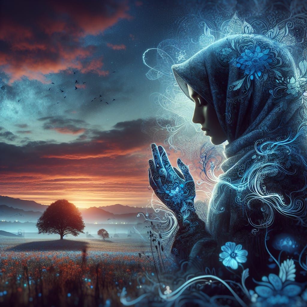 Girl in Prayer with Floral Landscape, Digital Art