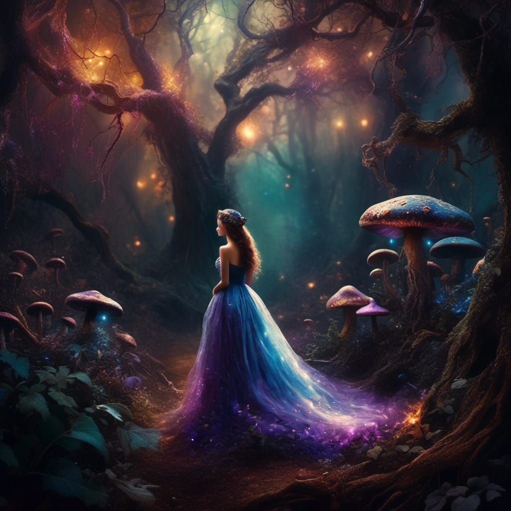 Dark Fairy in Enchanted Forest, Oil Painting