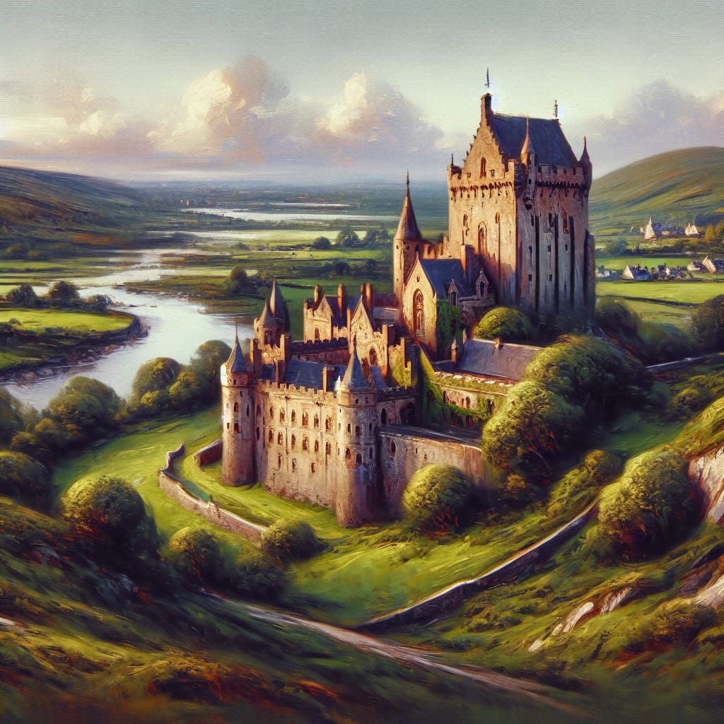 Historic Castle in Irish Countryside: Detailed Matte Paintin...