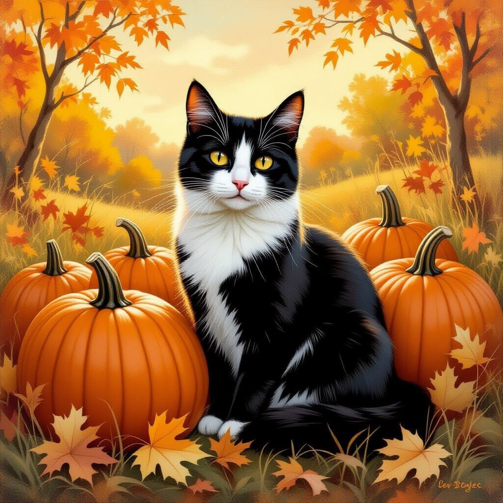 Black and White Cat with Pumpkins in Muted Fall Landscape