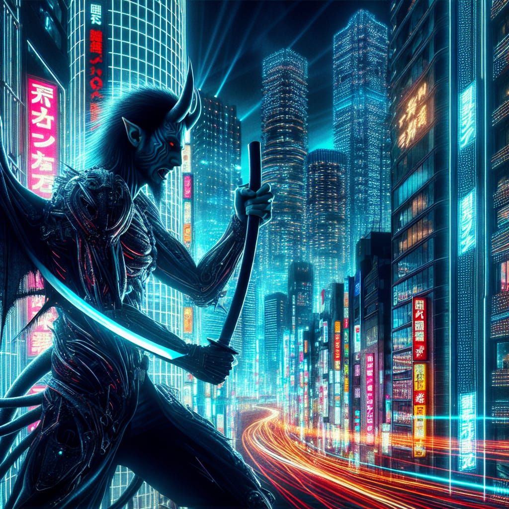 Cyberpunk Demon Hero Slashes Through Neon Tokyo