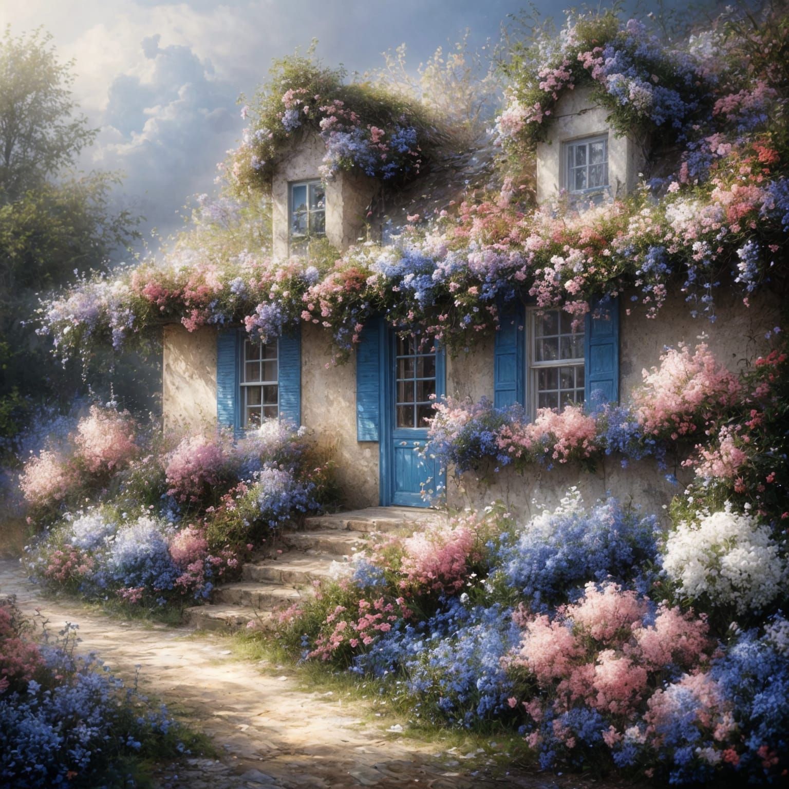 Flower-Covered Cottage in Pastel Colors