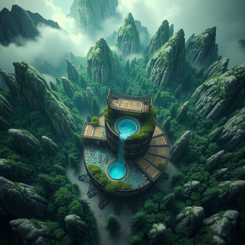 Organic Steampunk Treehouse Vortex in Green Forest