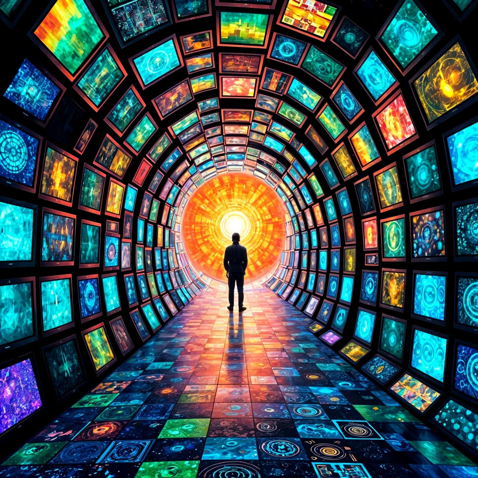 Hypnotic Tunnel of Multicolored TVs, Klimt-Inspired