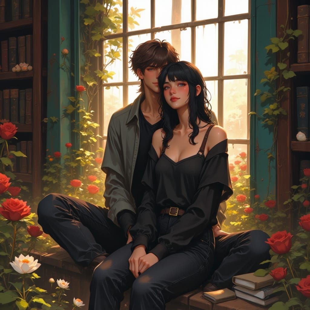 Semi-Realistic Painting of a Couple in a Library