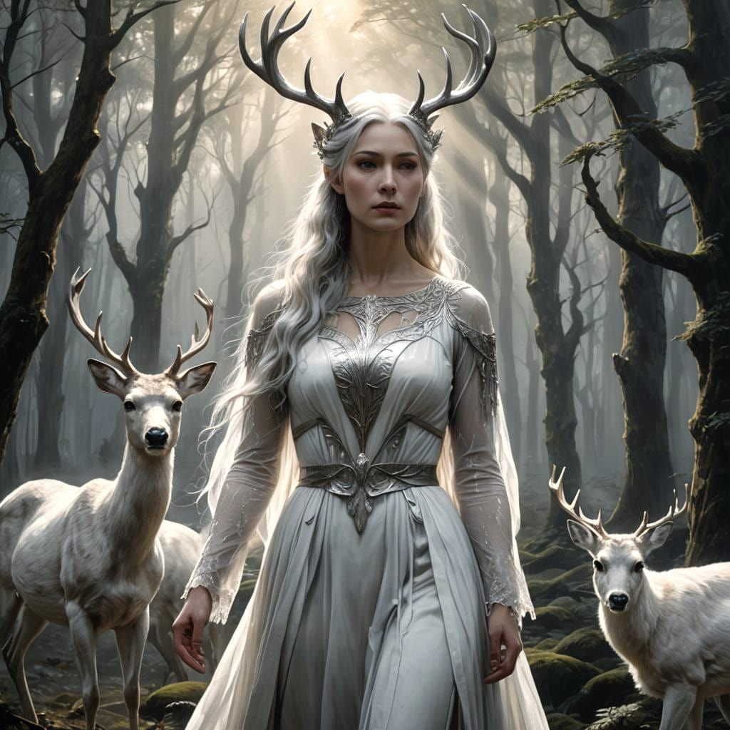 Medieval Fantasy Portrait of Arianrhod in Golden Silver Noct...