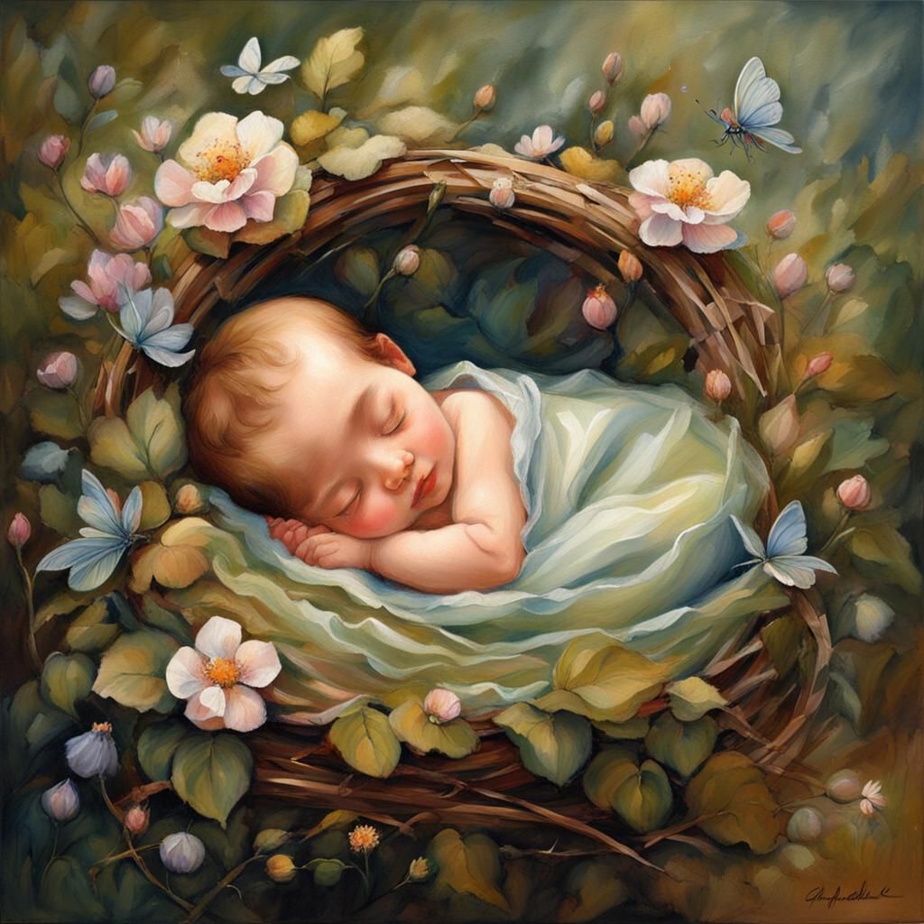 Newborn Fairy Sleeps in Flower Cradle