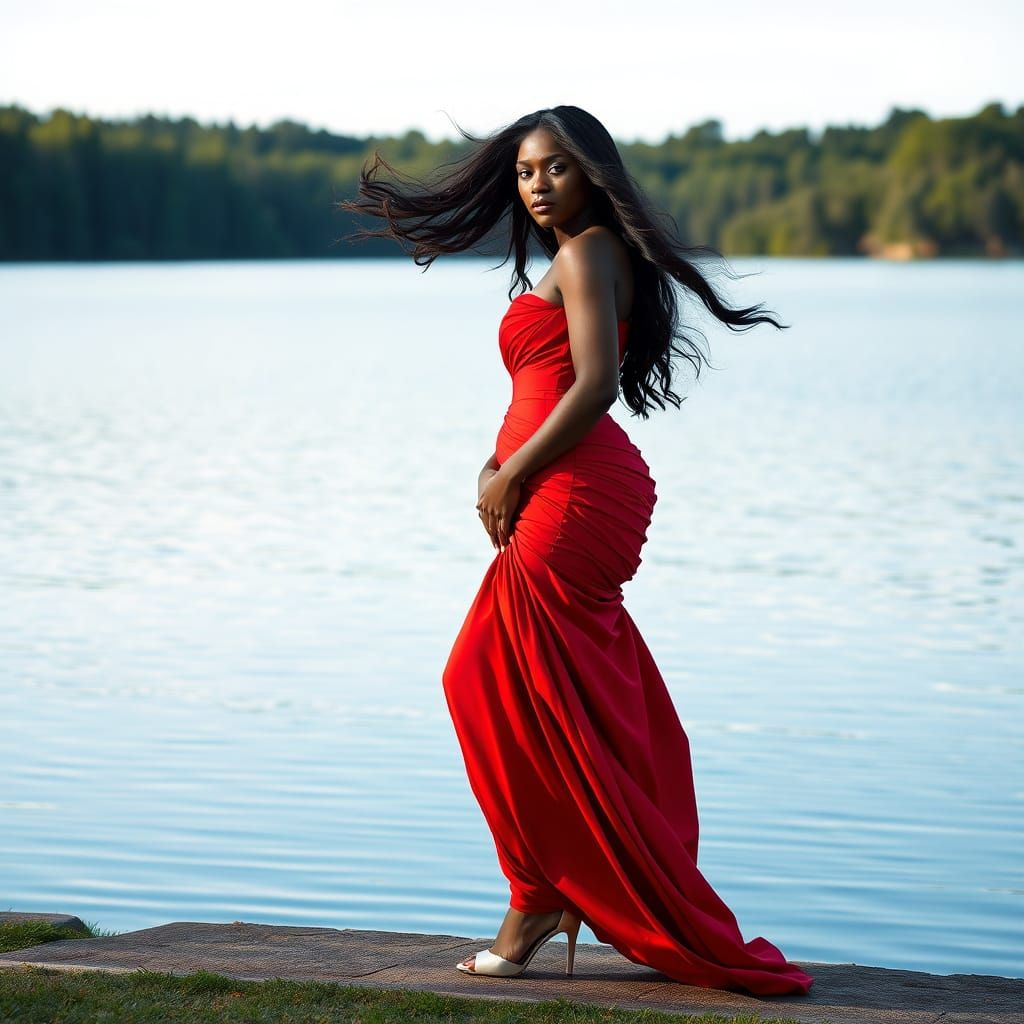 Elegant Woman in Red Gown by Lake