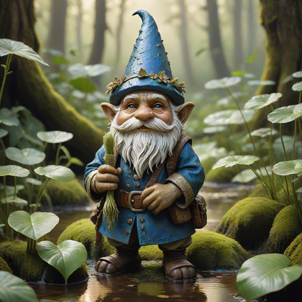 Gnome Riding Majestic Warty Frog in Lush Swamp Landscape