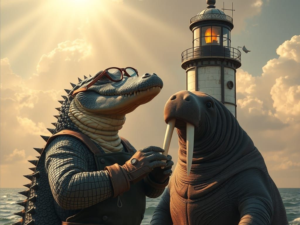 Steampunk Crocodile Mechanic Repairs Lighthouse