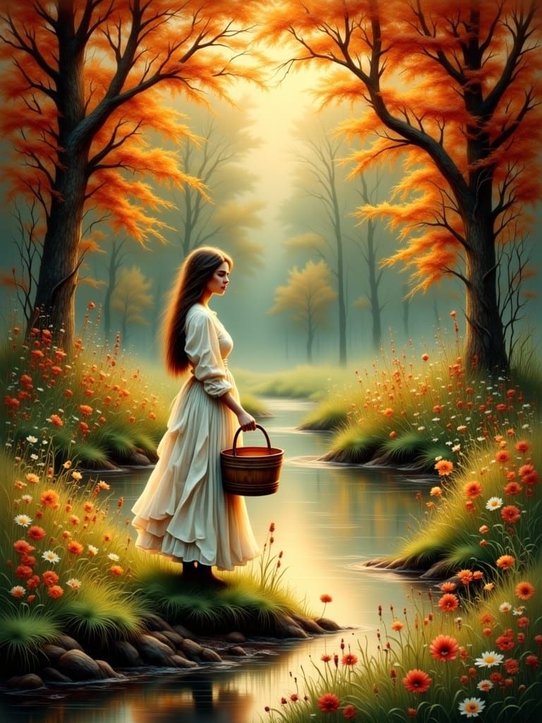 Pioneer Woman in Autumn Forest as Antique Watercolor