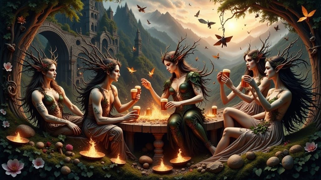 Traditional Irish fairies, also known as the Aos Sí or Sidhe, gathered at a twilight celebration
