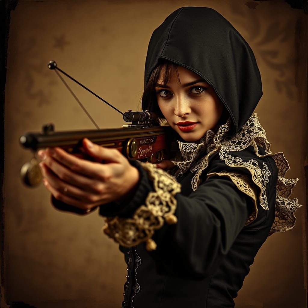 Elegant Female Assassin in Vintage Crossbow Pose