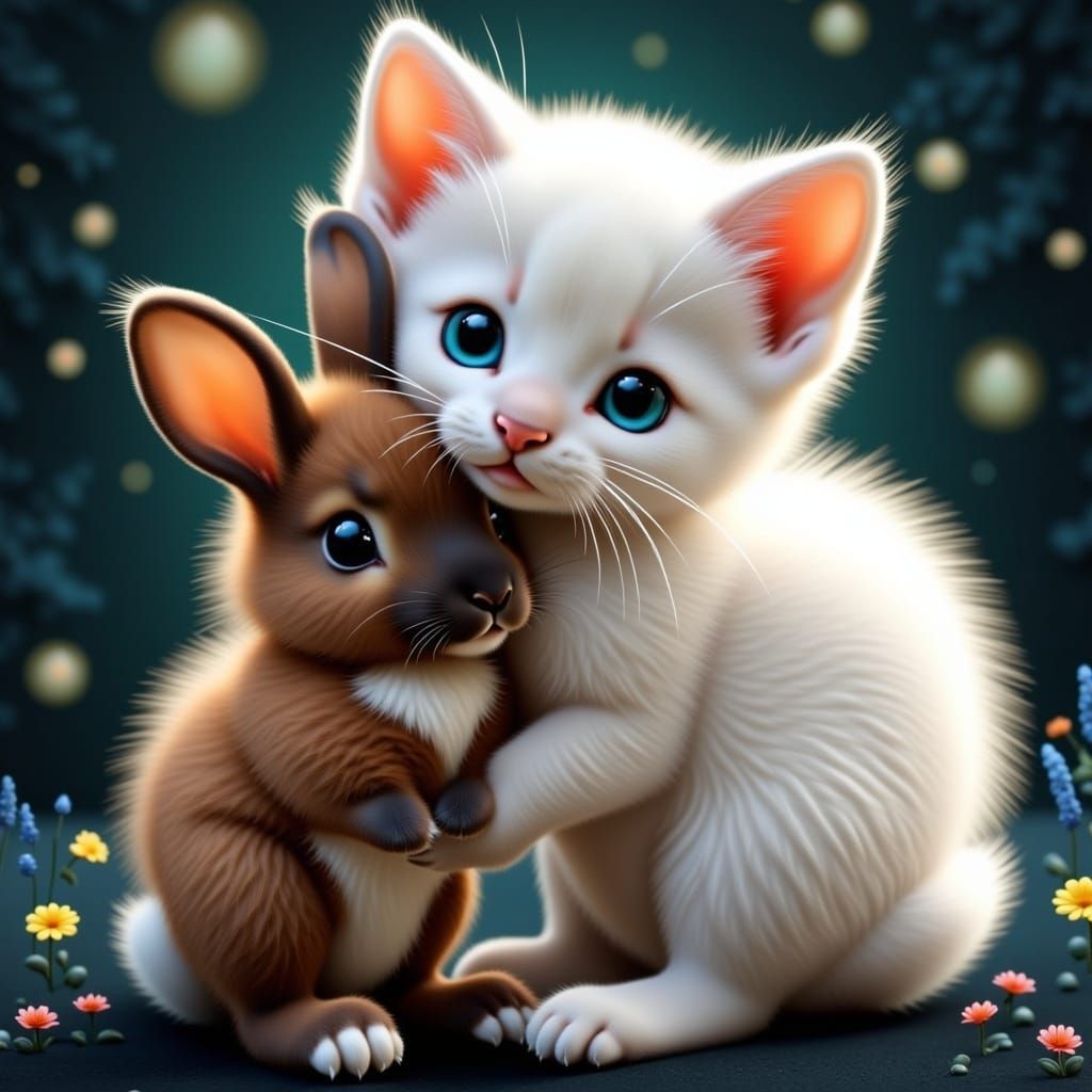 Adorable Kitten Cuddling with Baby Rabbit