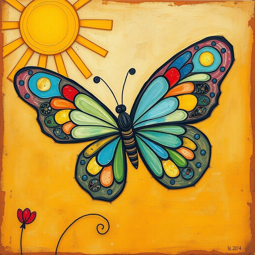 Folk Art Butterfly in Whimsical Sunny Scene