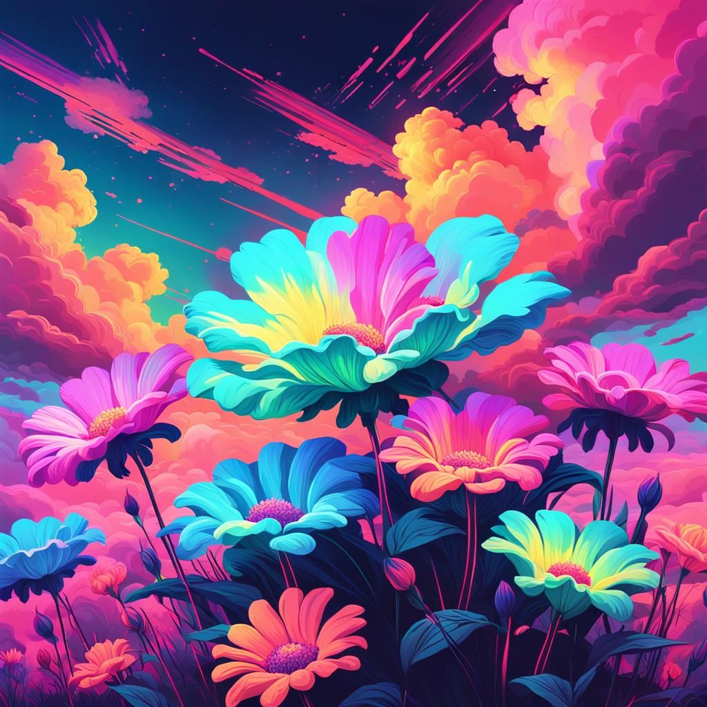 Neon Flowers Form Clouds in Synthwave Dreamscape