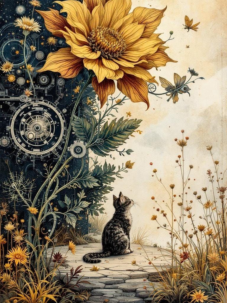 Cat Under Flower in Dürer-Haeckel Victorian Style