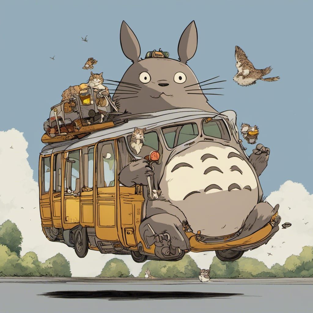 Totoro on Catbus: Whimsical Animation Scene