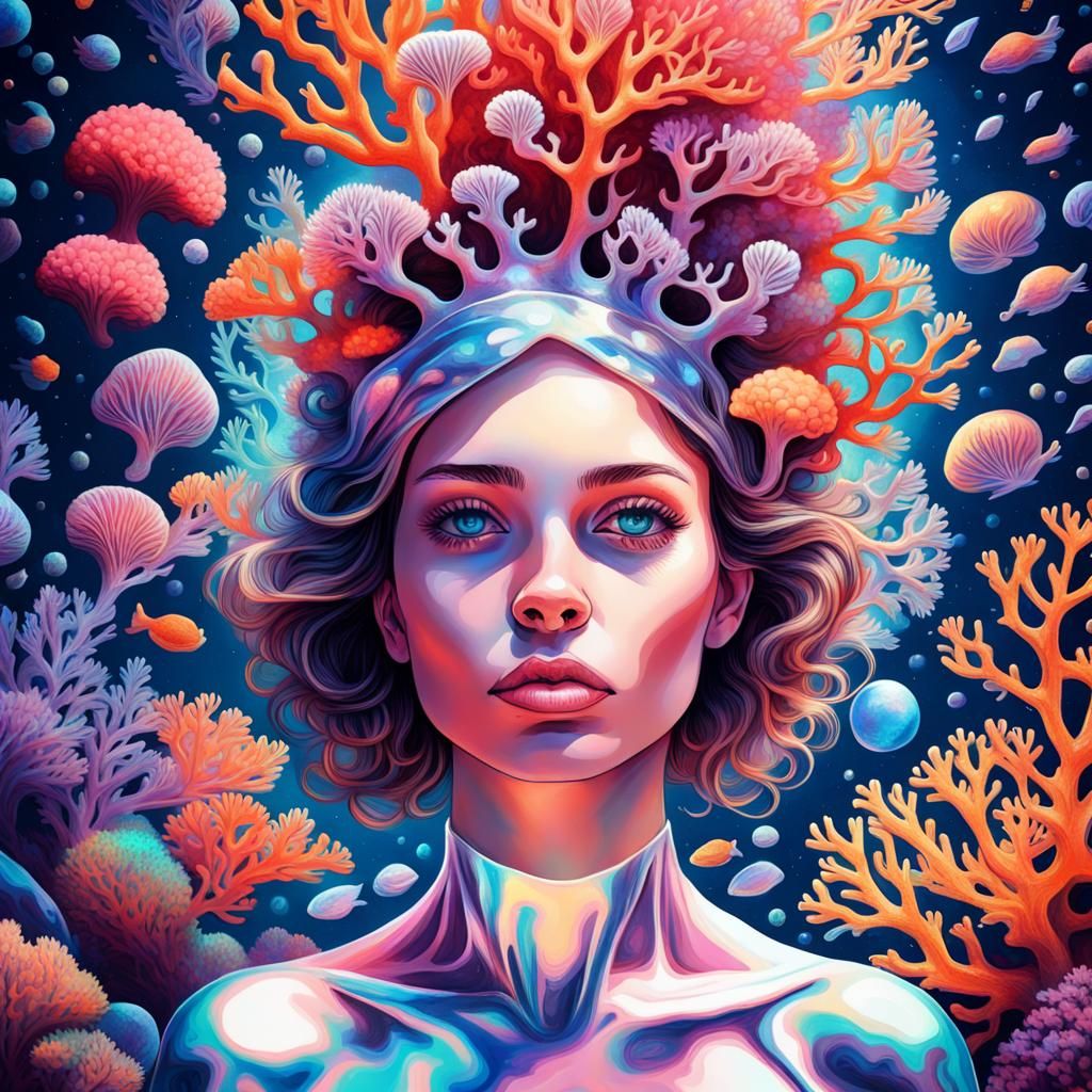 Cosmic Coral Girl: Holographic Astral Illustration