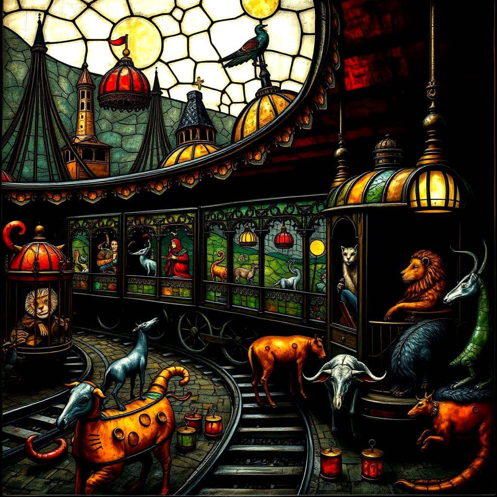 Gothic Stained Glass Circus Train in Hieronymus Bosch Landsc...