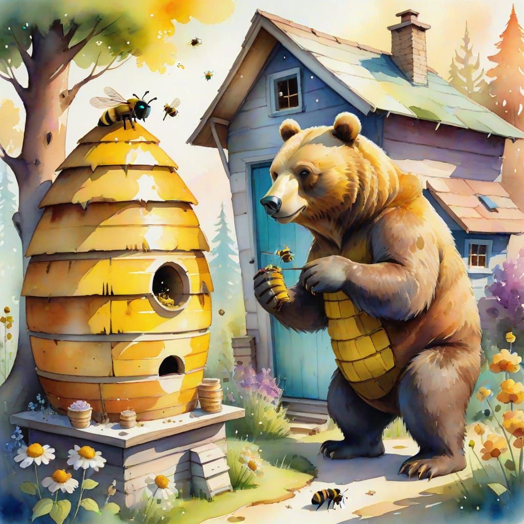 Bear Builds Beehive: Whimsical Watercolor Fantasy Art
