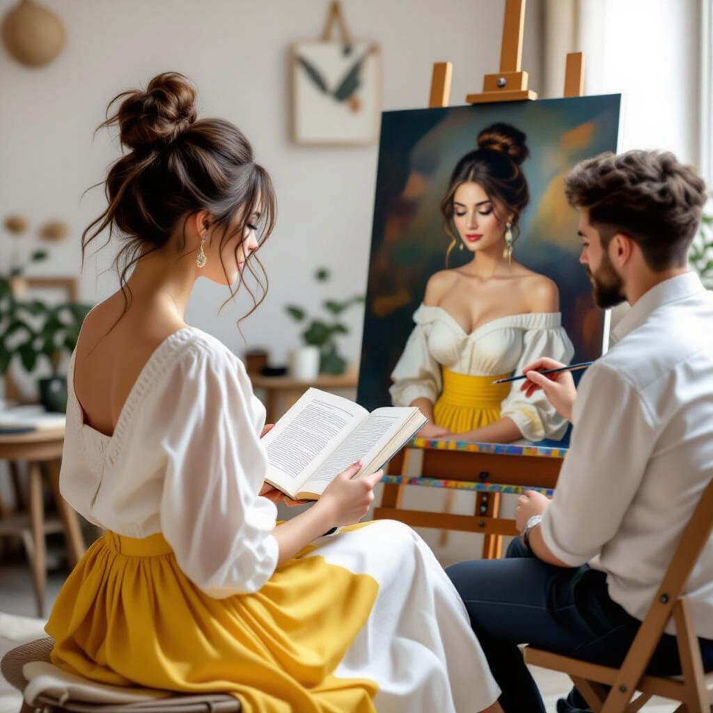 Woman in White and Yellow Dress Reads Book While Artist Pain...
