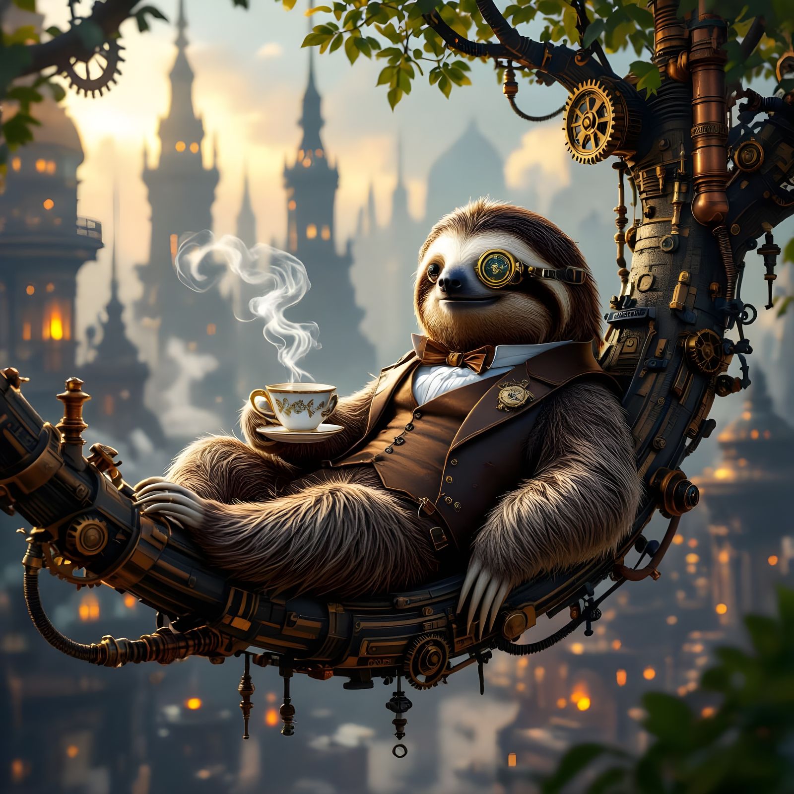 Steampunk Sloth Enjoys Tea in Clockwork City