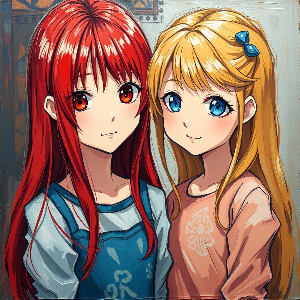 Two Young Girls in Anime-Inspired Impressionist Style