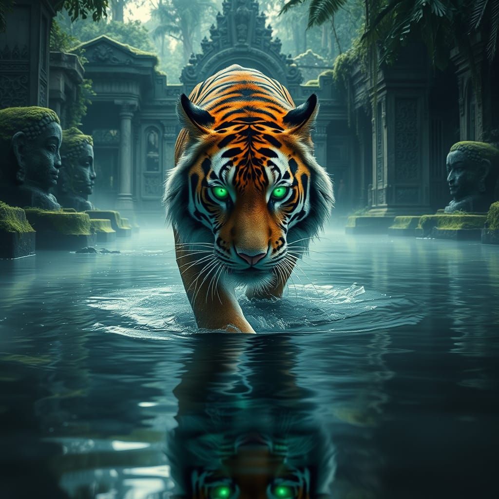 Emerald-Eyed Tiger in Jungle Ruins
