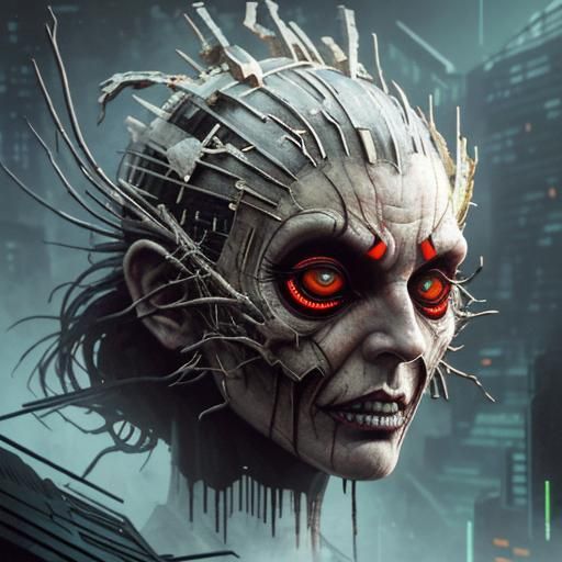 Demonic Cyberpunk Entity in Glitching Liminal Space