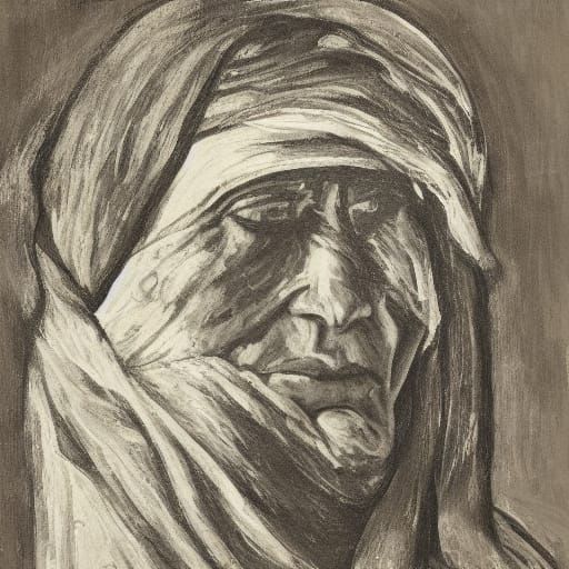 Mournful Mother and Child in Expressionist Print Style