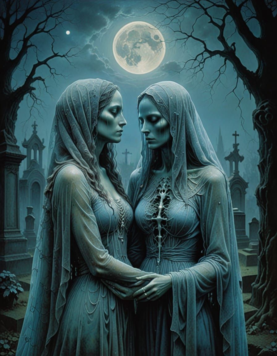 Ghost Bride Embraces Crying Mother in Moonlit Graveyard