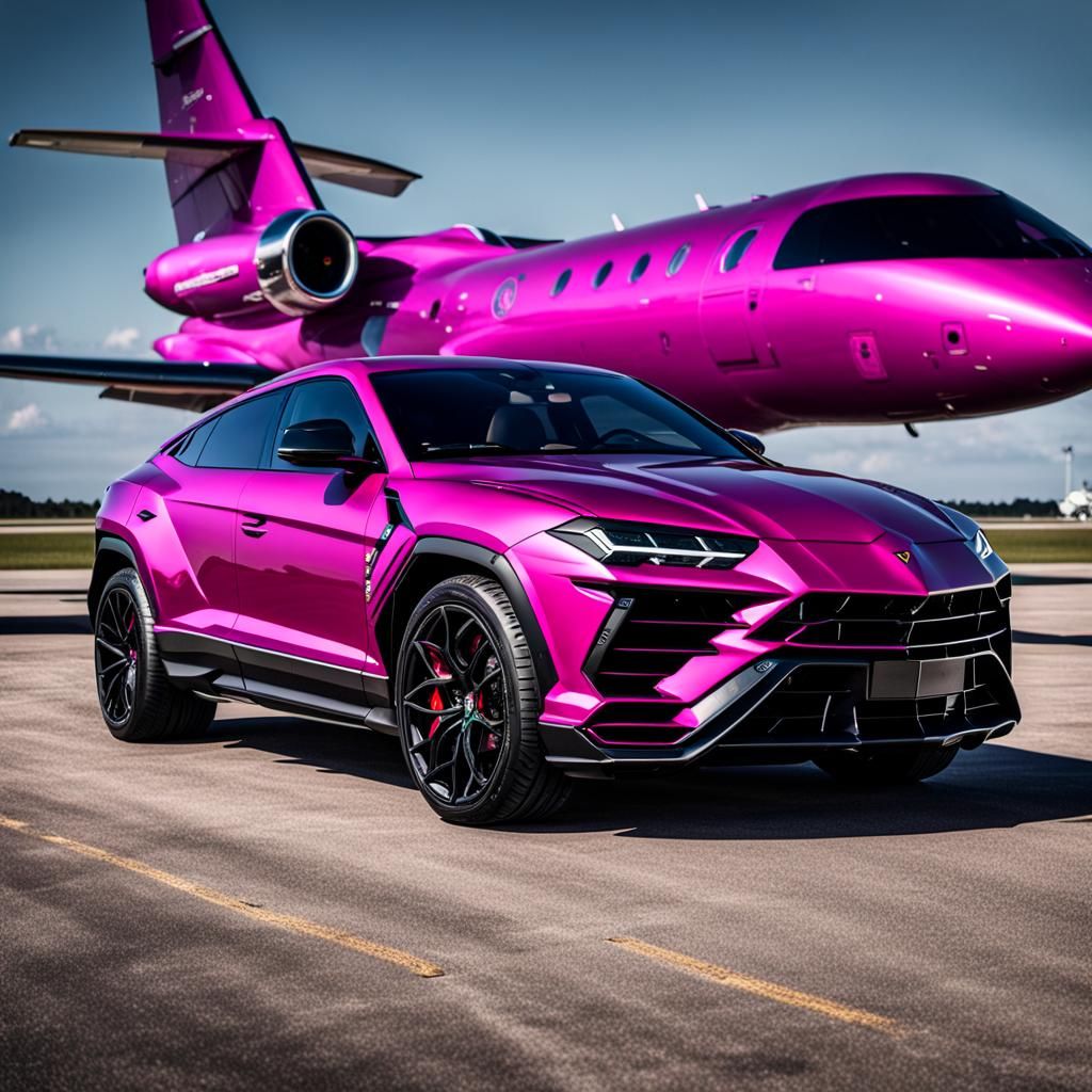 Magenta Lamborghini Urus and Private Jet on Tarmac