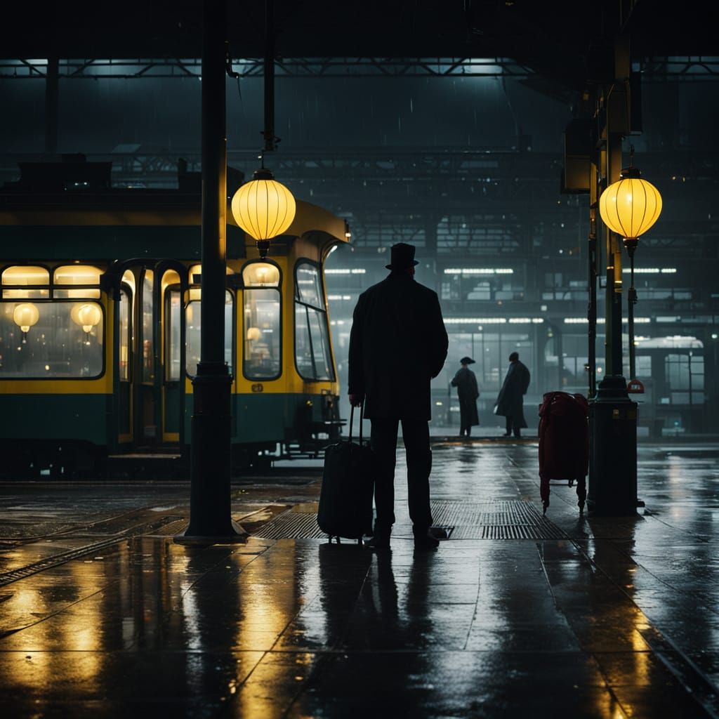 Gloomy Train Station at Night in Film Noir Style