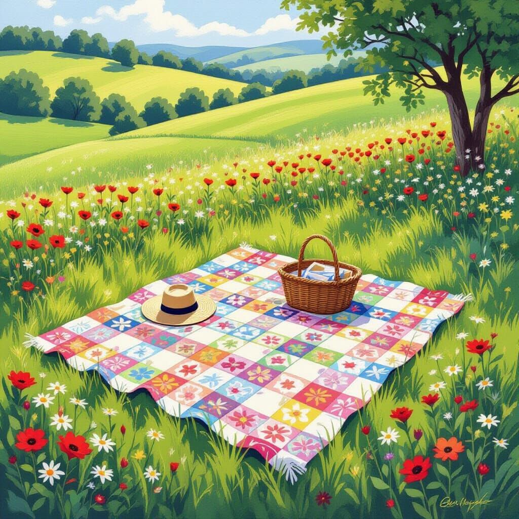 A picnic blanket spread out in a field Birdseye view