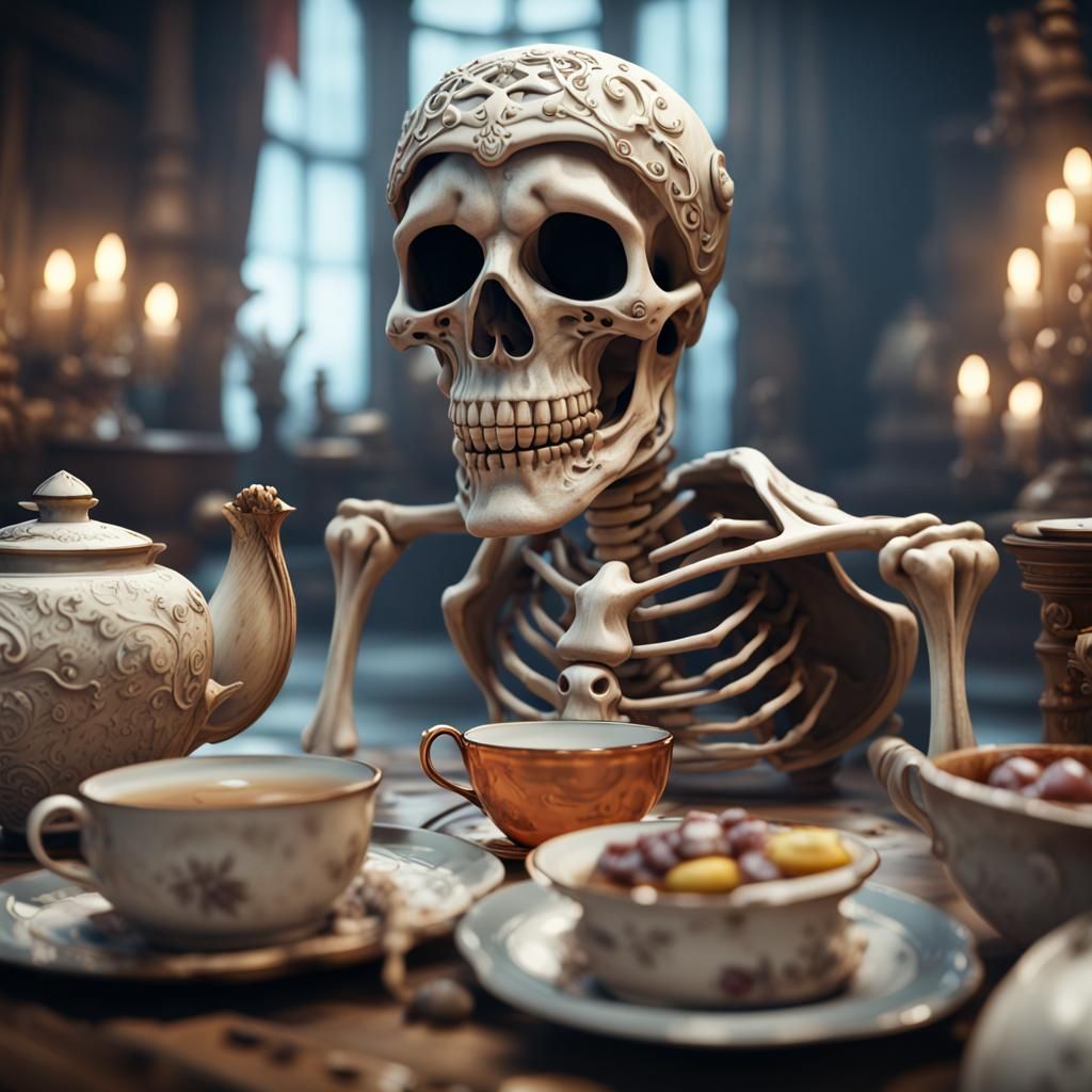 Skeletons Host Tea Party in Cinematic 3D Render