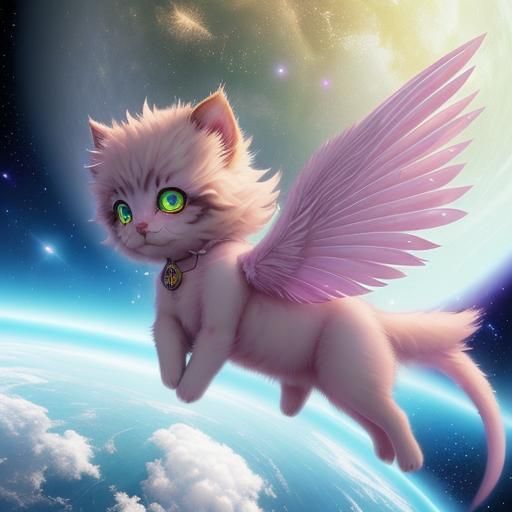 Winged Kitten on Exotic Planet in Anime Style