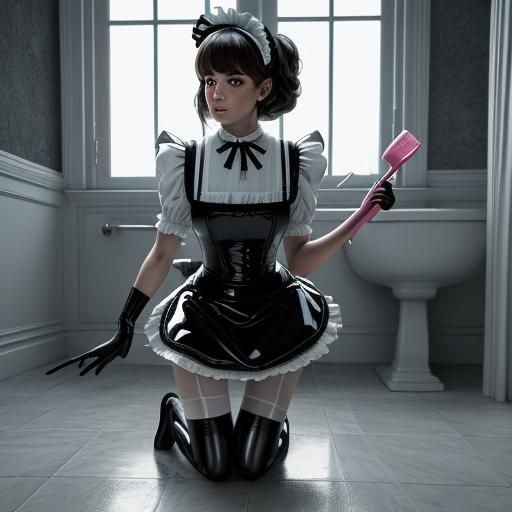 Hyperrealistic Sissy Maid Cleaning Toilet in Latex Dress