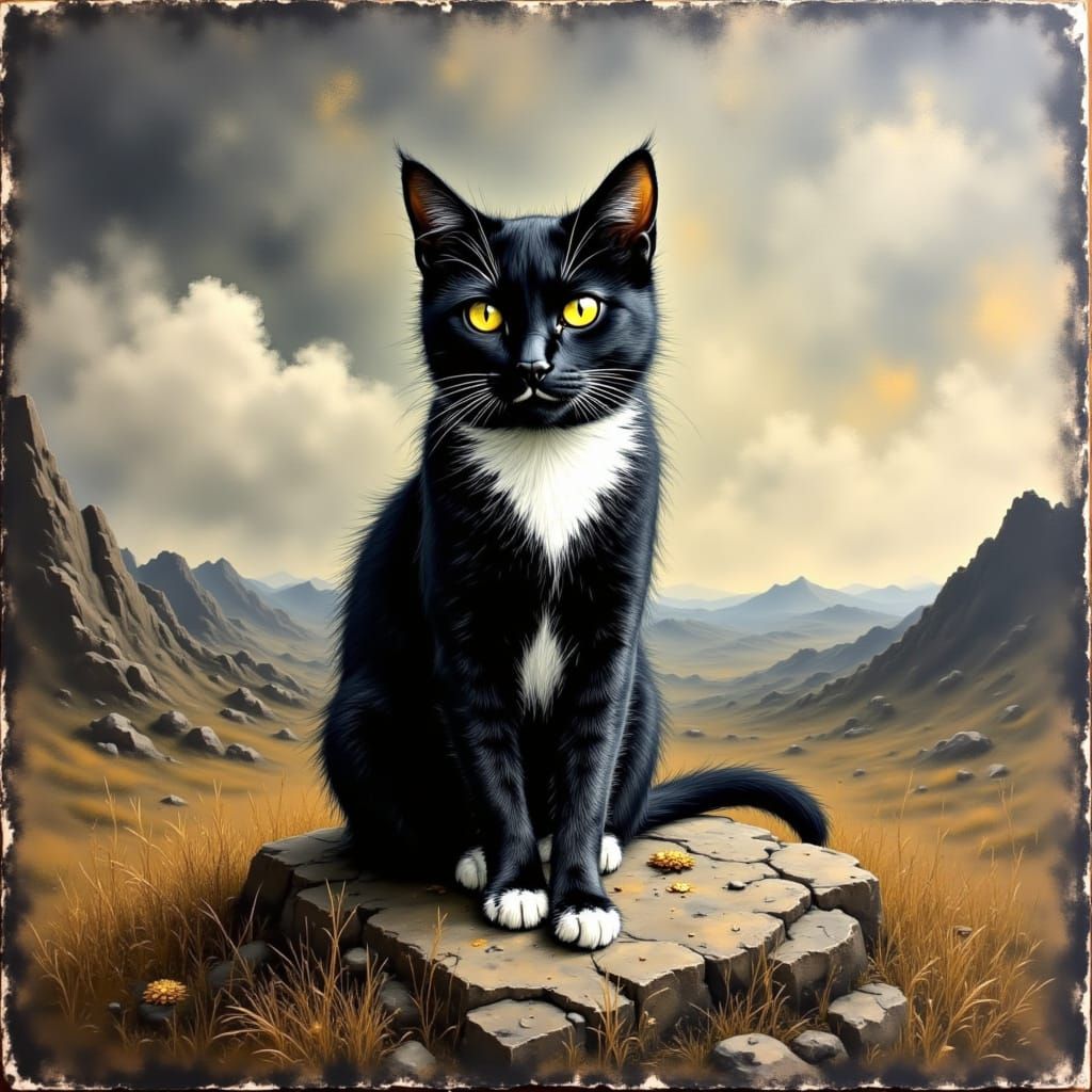 Regal Tuxedo Cat in Ancient Gold Elegance