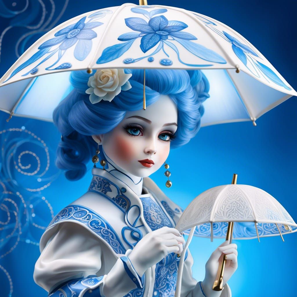 Porcelain Doll Puppet with Blue Umbrella, Cosmiccore Art