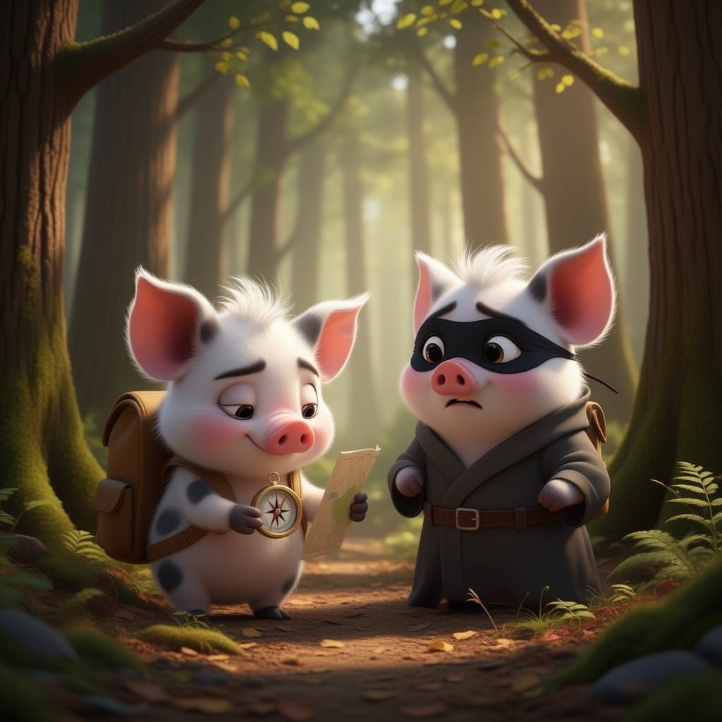 Two Pigs Lost in Woods, One Consults Compass