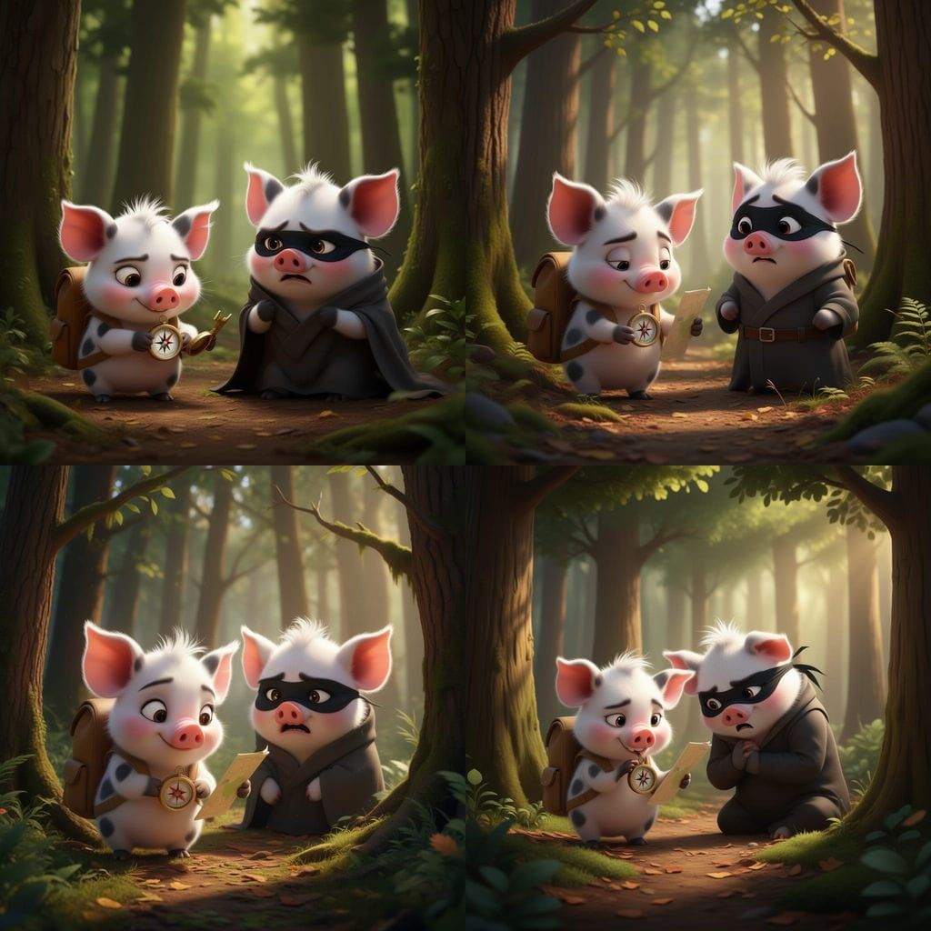 Pigs Navigate Woods with Compass and Worried Masked Companio...