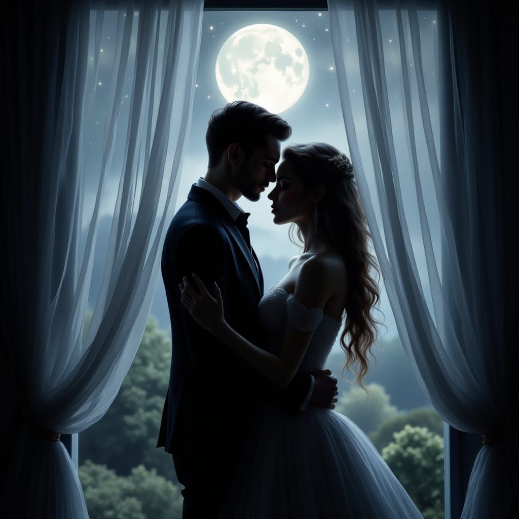 Moonlit Couple Embracing Through Window Curtains