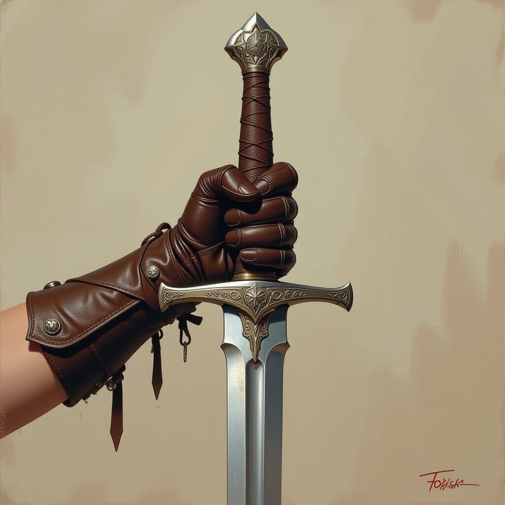 Leather-Gloved Hand Gripping Sword in Fantasy Art Style