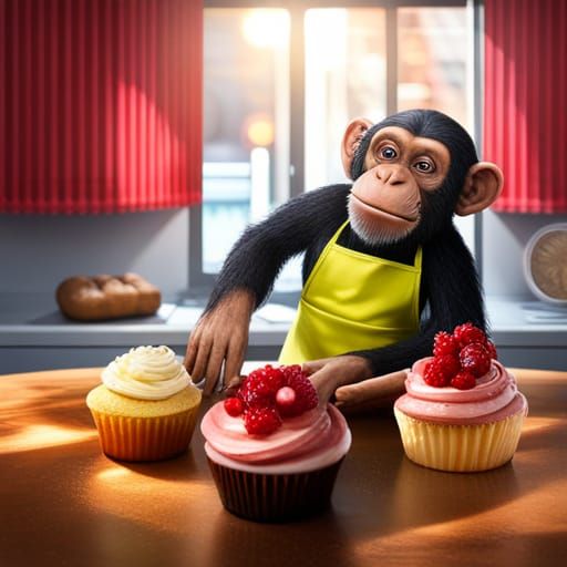 Chimpanzee Baking Cupcakes: 3D Photorealistic Illustration