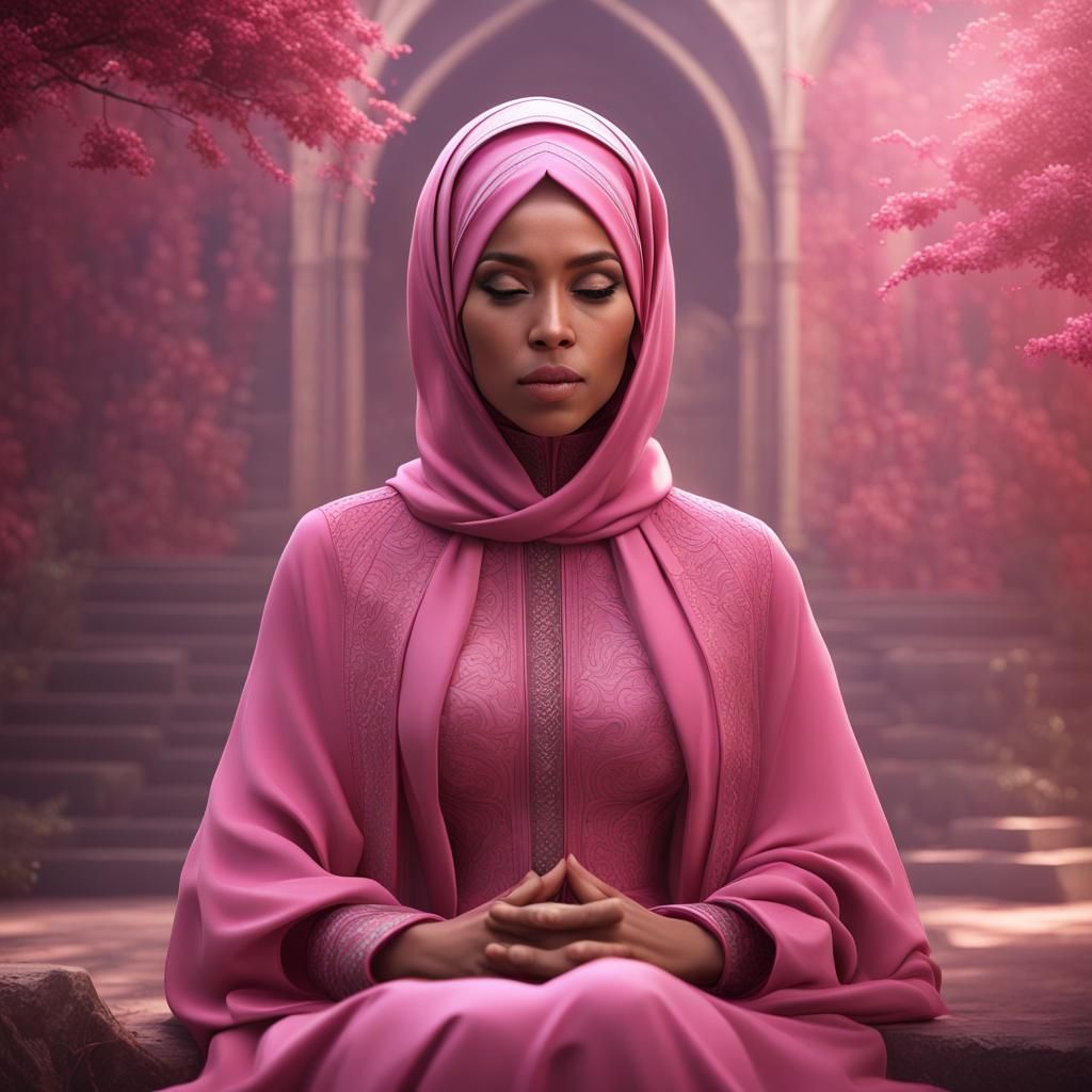 Muslim Woman Meditating in Pink, Digital Art
