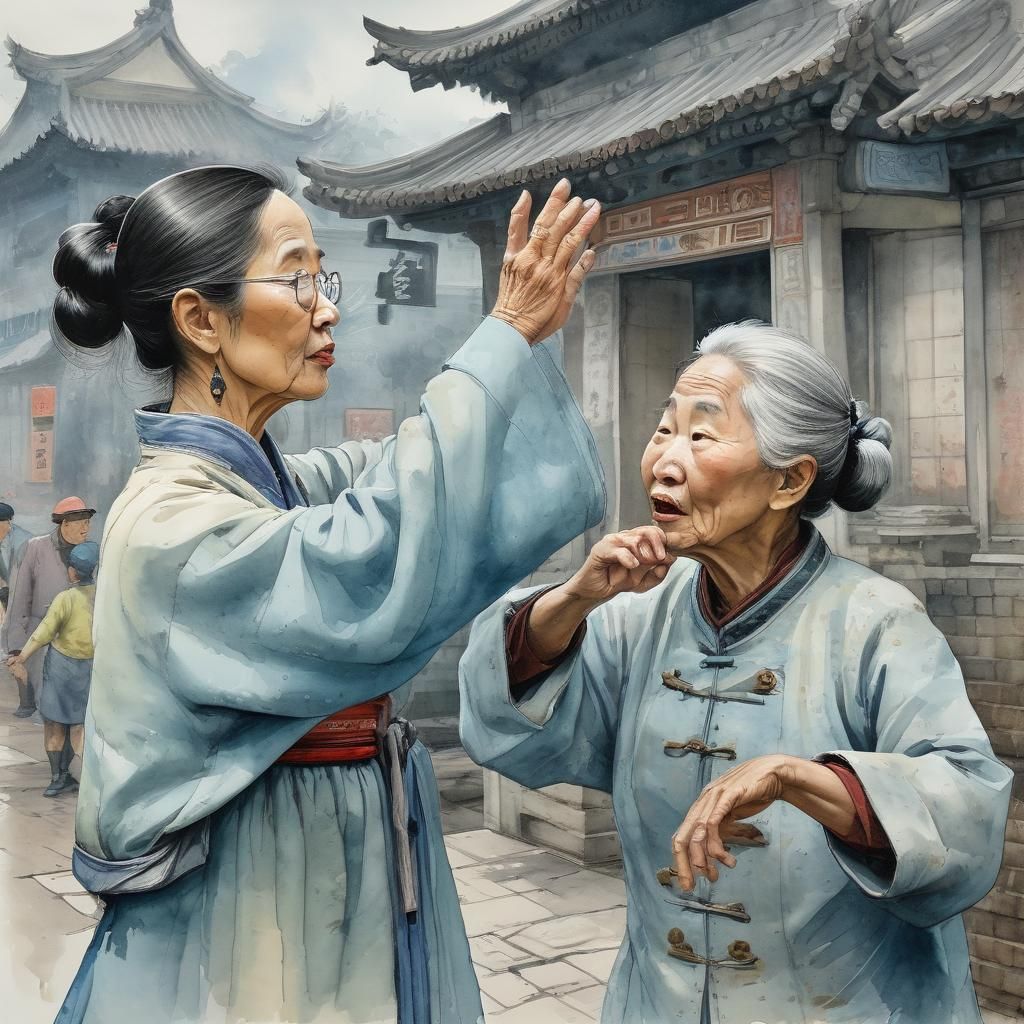 Chinese Women Arguing in Robert Crumb Aquarelle Style