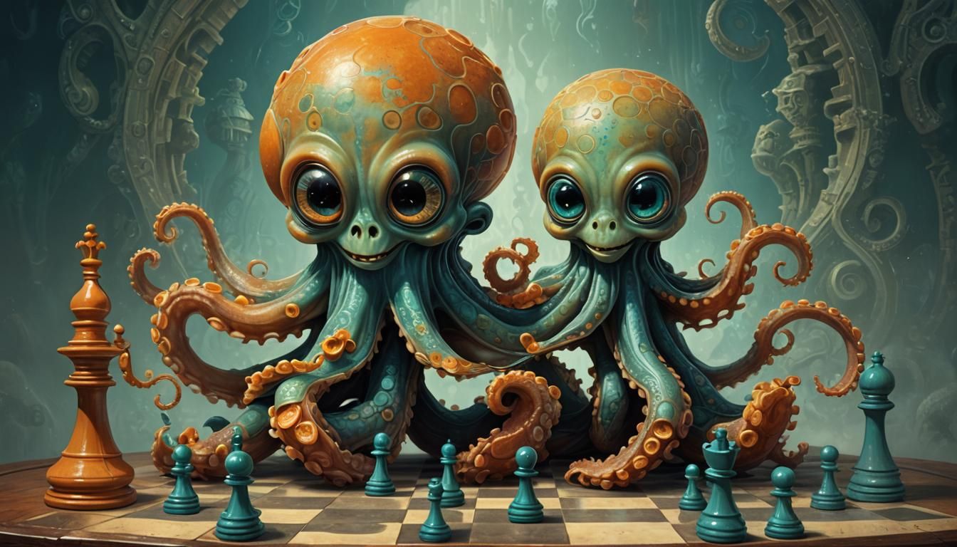 Baby Octopus Plays Chess in Fractal Art Style