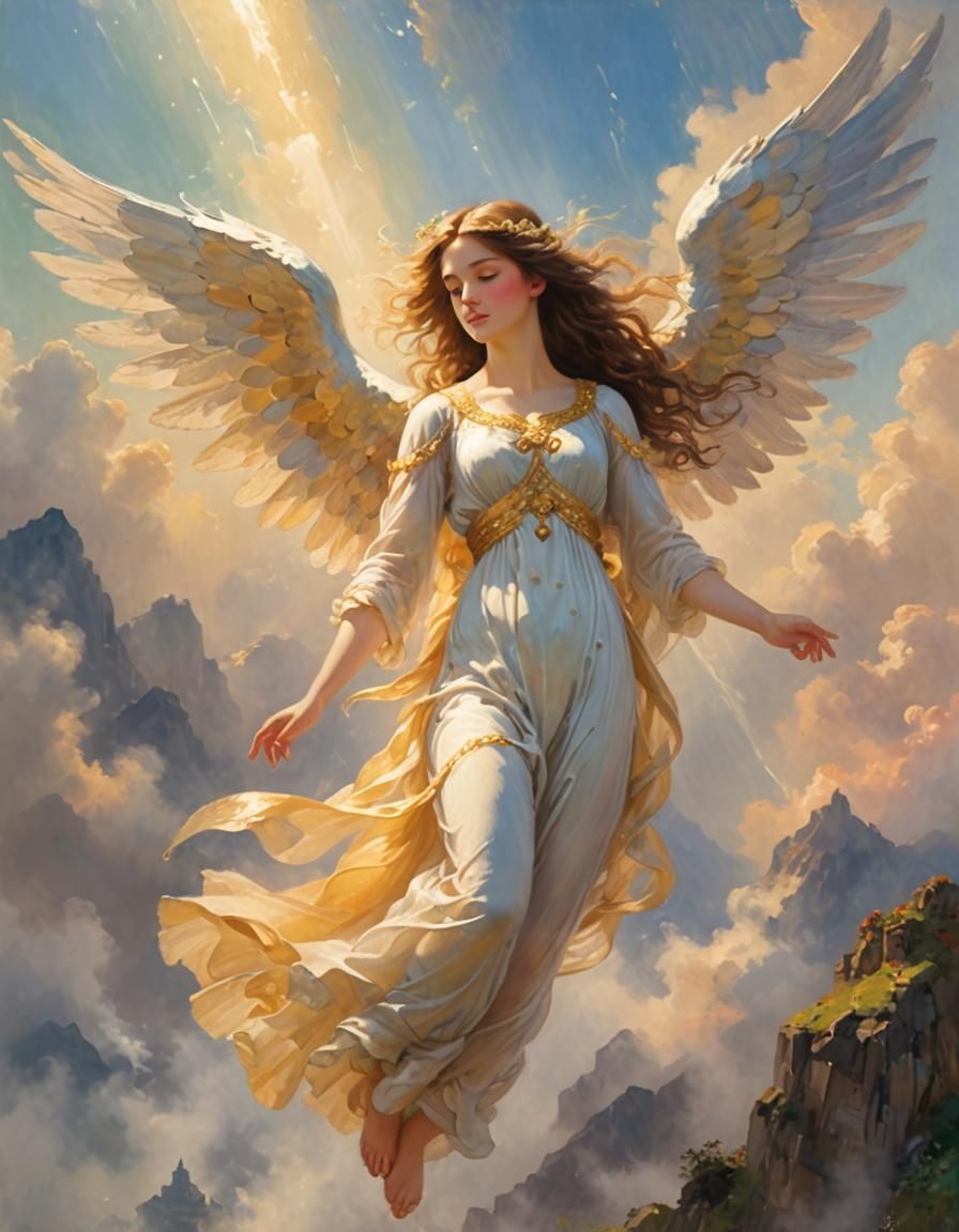 Ethereal Angels Soaring Over Misty Mountain Landscape