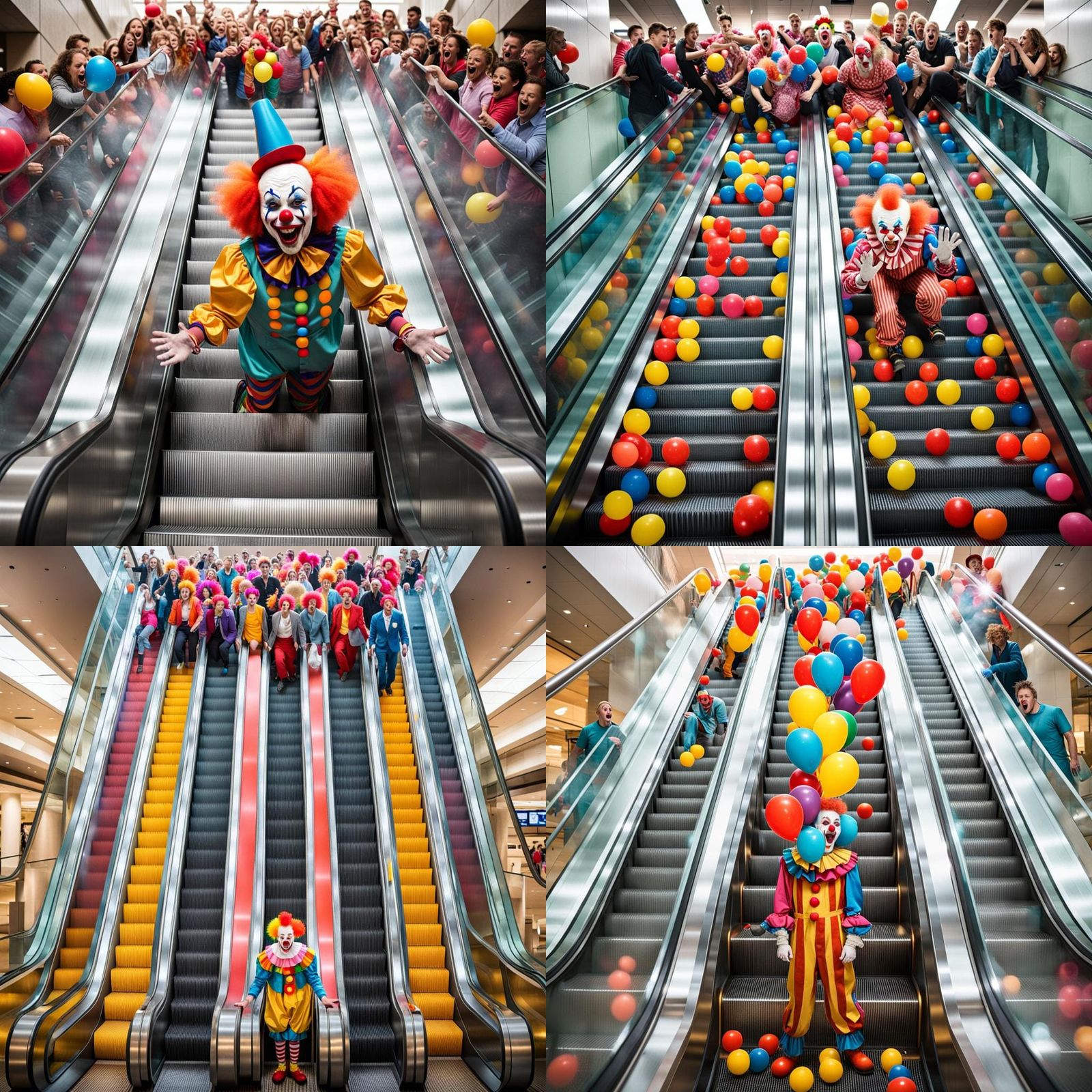 Vibrant Chaos: Pop Art Escalator Evacuation with Clowns